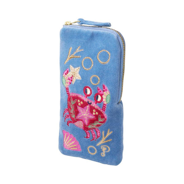 Powder Seafaring Crab Velvet Sunglasses Pouch - Cornflower
