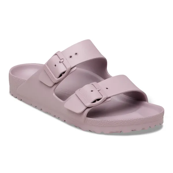 Unisex Birkenstock Arizona Essentials EVA sandals in faded purple with waterproof design, arch support, buckles, and narrow fit.