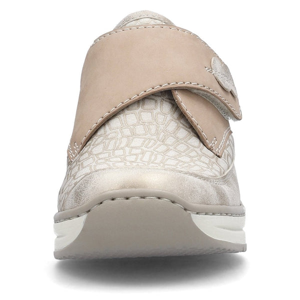 Rieker 487C0-60 Ladies Narrow Beige Leather & Textile Touch Fastening Shoes