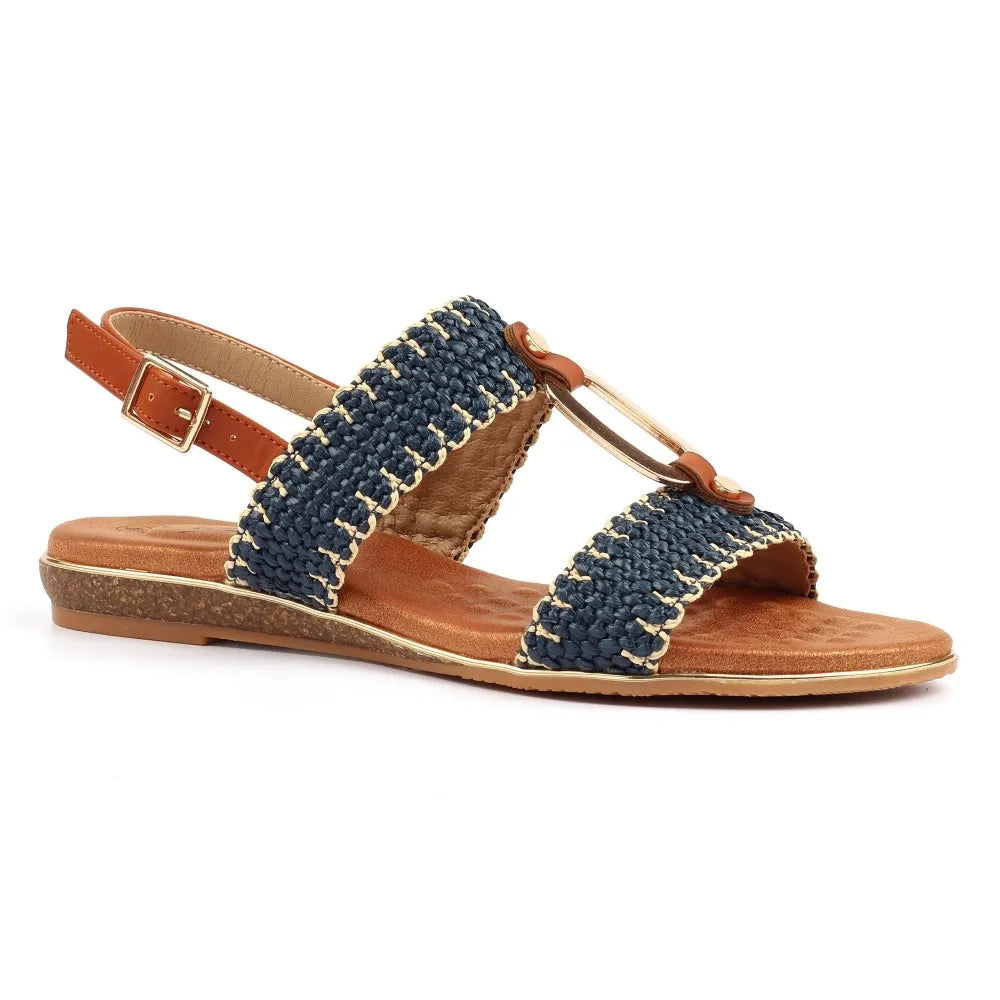 Lunar JLH587 Jules Ladies Navy Buckle Sandals with woven navy straps, adjustable heel strap, and tan footbed.
