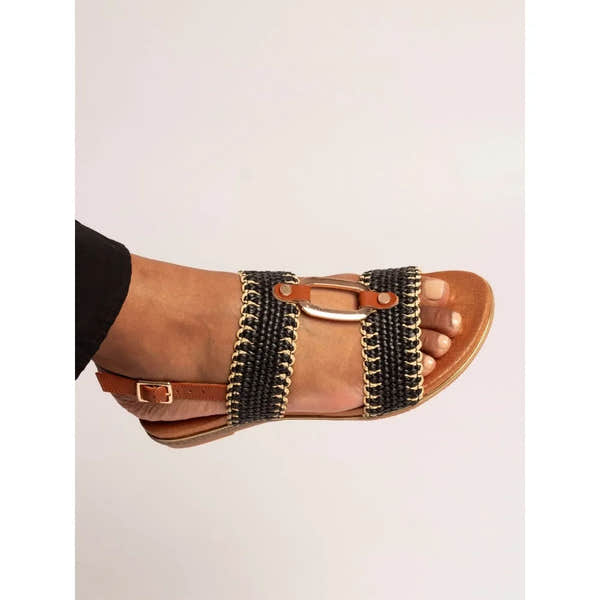 Lunar JLH587 Jules Ladies Black Buckle Sandals, open-toe, flat sandal with woven black and beige straps and gold buckle detail.