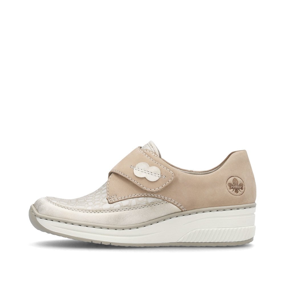 Rieker 487C0-60 Ladies Narrow Beige Leather & Textile Touch Fastening Shoes
