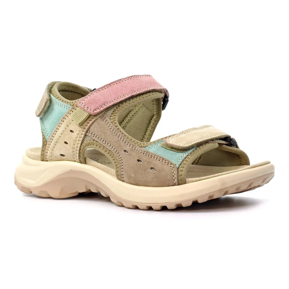 Lunar JLR001 Lazy Dogz Alston Ladies Multi Leather Touch Fastening Sandals with pink, beige, and mint green straps and chunky sole.