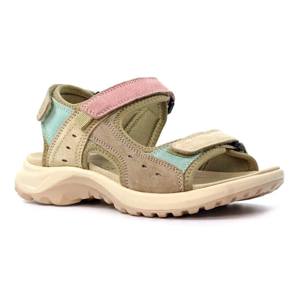 Lunar JLR001 Lazy Dogz Alston Ladies Multi Leather Touch Fastening Sandals with pink, beige, and mint green straps and chunky sole.