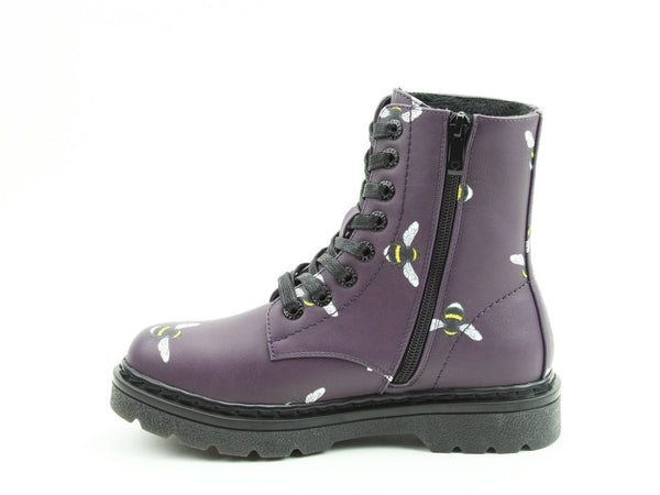 Heavenly Feet Justina 2 Bee Print Ladies Purple Vegan Zip & Lace Ankle Boots