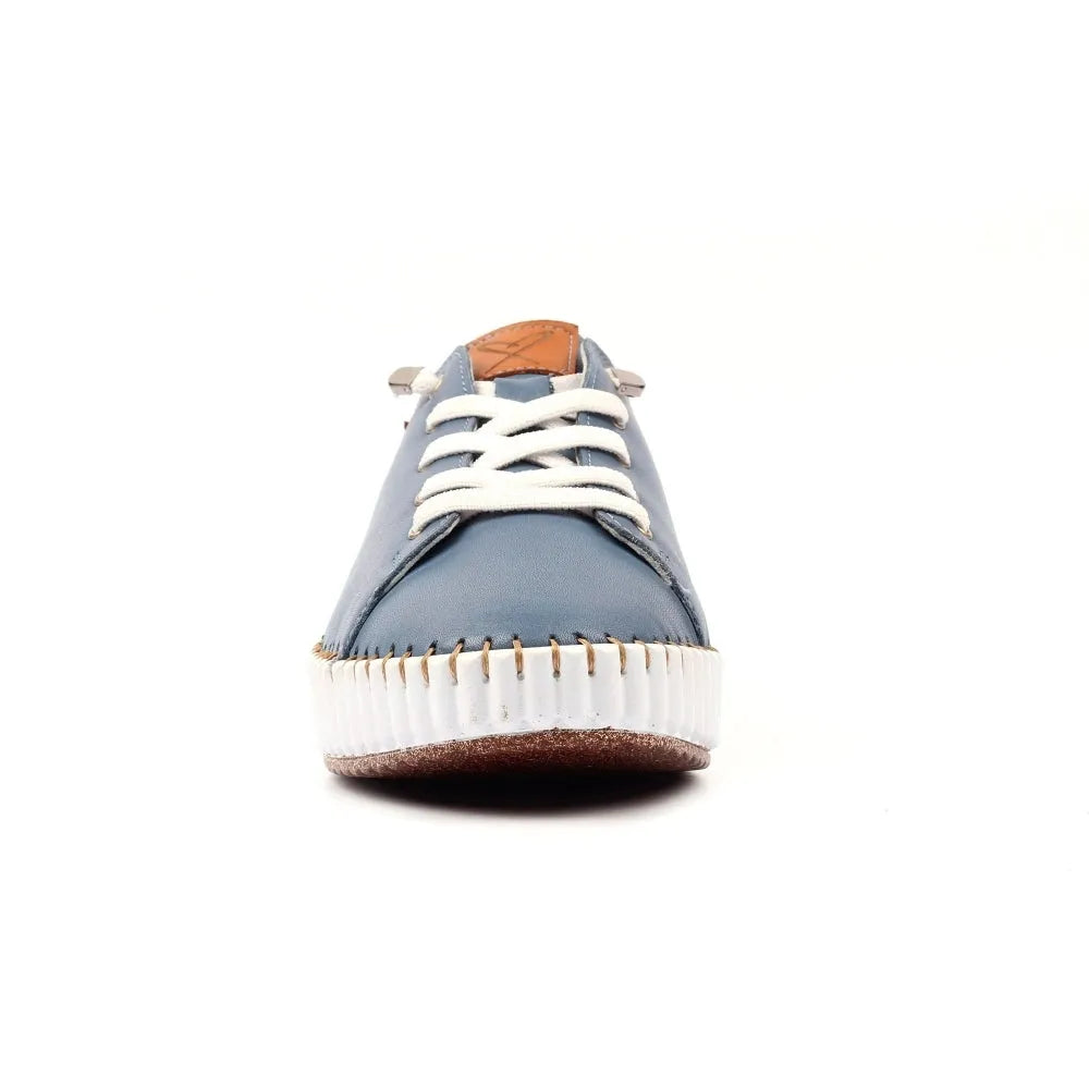 Lunar FLE057 Faith Ladies Mid Blue Leather Lace-Up Shoes with Thick White Sole and Brown Heel Detail.