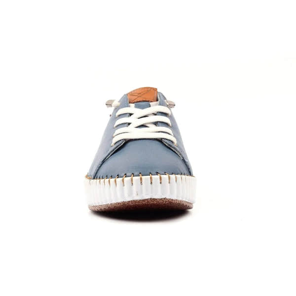 Lunar FLE057 Faith Ladies Mid Blue Leather Lace-Up Shoes with Thick White Sole and Brown Heel Detail.