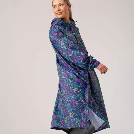 Unisex festival poncho with neon jazz abstract print, lightweight waterproof material, hood, long length, and vibrant color design.