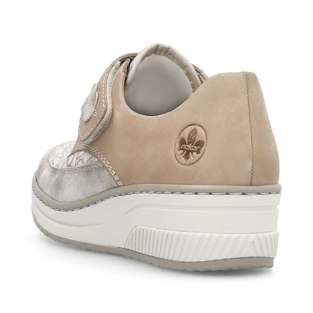 Rieker 487C0-60 Ladies Narrow Beige Leather & Textile Touch Fastening Shoes