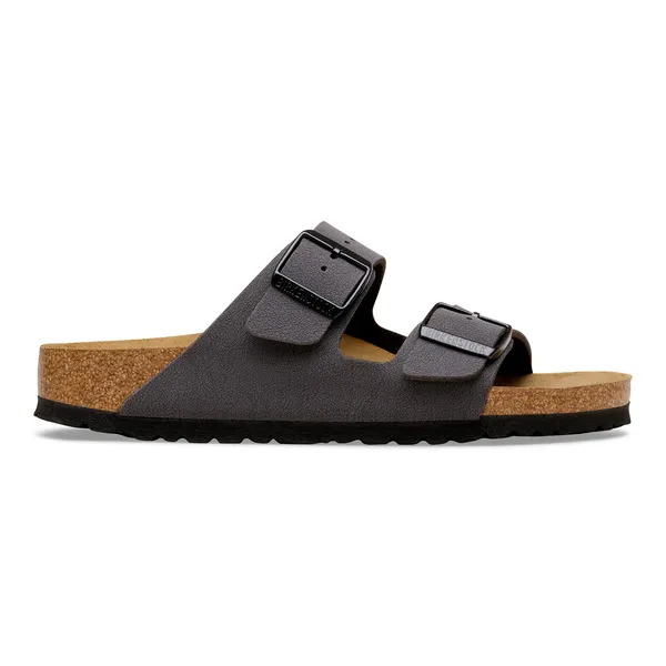 Birkenstock Arizona Birkibuc unisex velvet gray/black arch support buckled sandals with cork footbed.