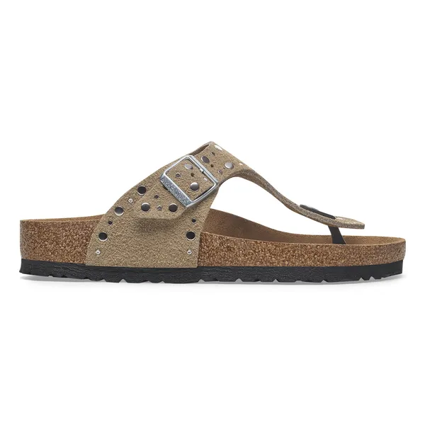 Birkenstock Gizeh Rivets Suede women's taupe thong sandals with arch support, buckle detail, and cork sole.