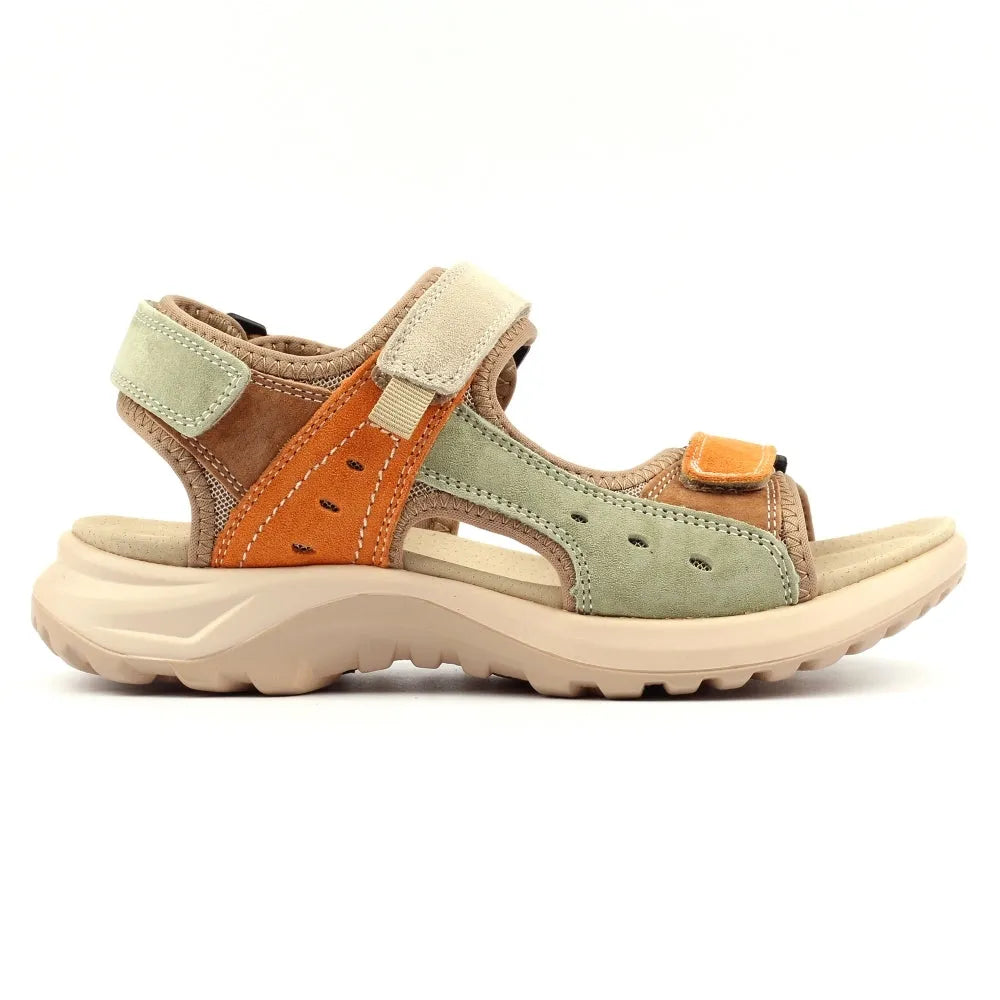 Lunar JLR001 Lazy Dogz Alston Ladies sandals, orange/multi leather, touch fastening, cushioned sole, outdoor casual footwear.