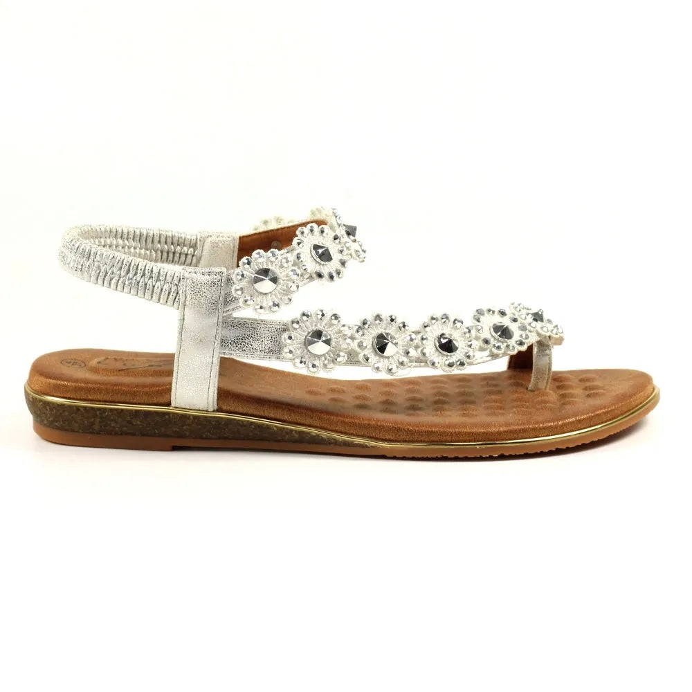 Lunar JLH455 Charlotte II Ladies Silver Elasticated Sandals with decorative rhinestones and floral embellishments.