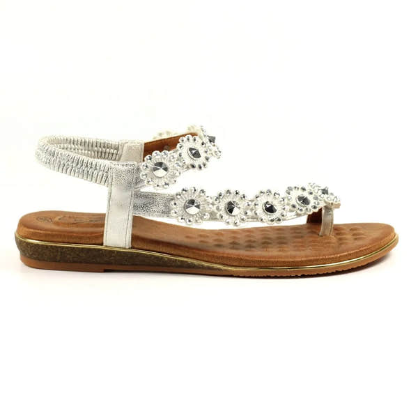 Lunar JLH455 Charlotte II Ladies Silver Elasticated Sandals with decorative rhinestones and floral embellishments.