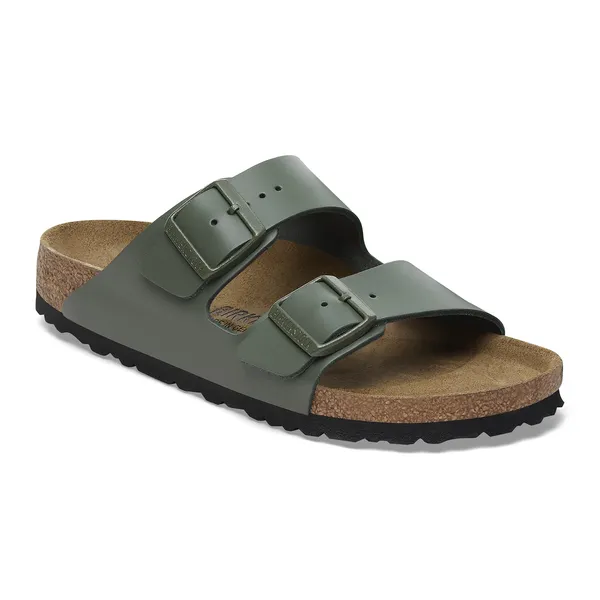 Birkenstock Arizona unisex narrow leather slide sandal with arch support, buckle straps, thyme color, cork footbed, and textured sole.