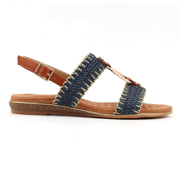 Lunar JLH587 Jules Ladies Navy Buckle Sandals with woven fabric straps, tan ankle strap, and low wedge sole.