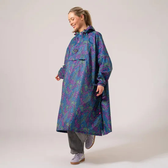 Unisex festival poncho with neon jazz abstract pattern, oversized fit, hood, and front pocket, ideal for rain protection and stylish outdoor wear.