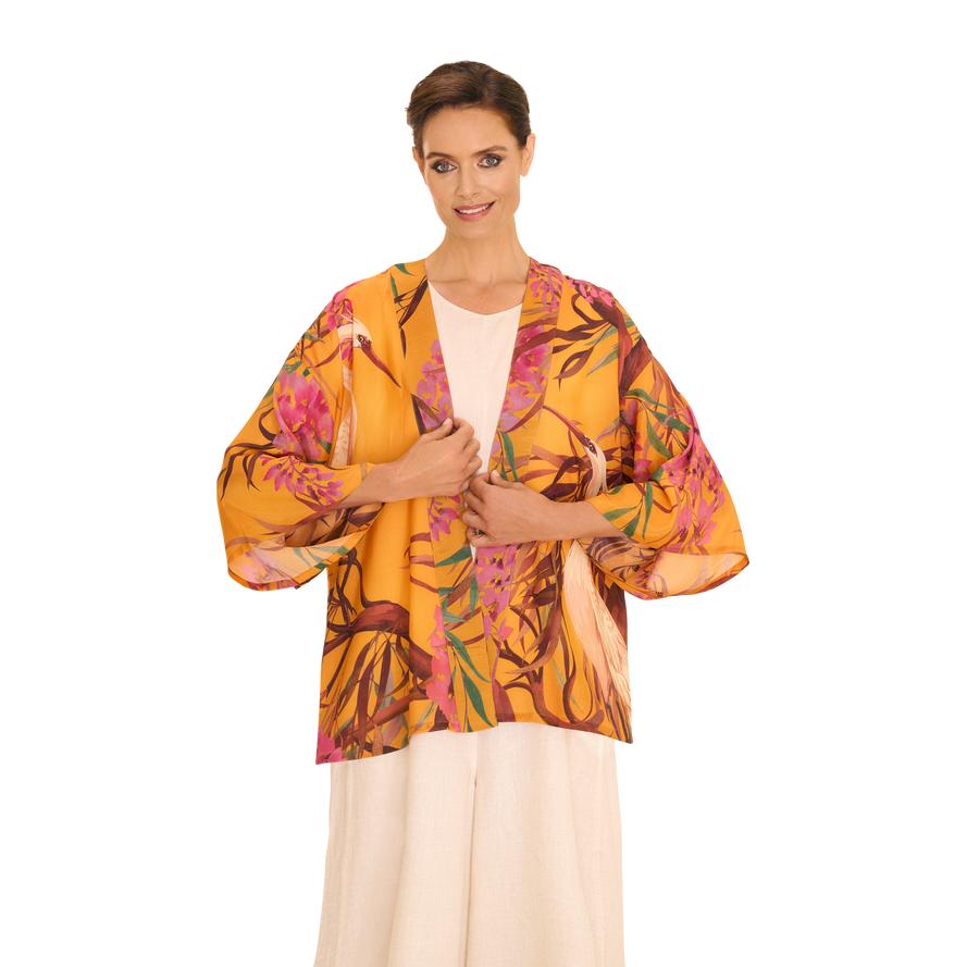 Powder Oriental Crane  Kimono Jacket - Ochre