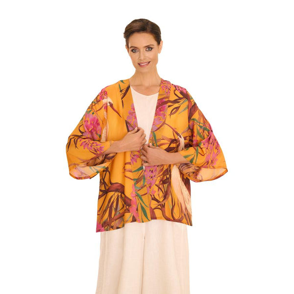 Powder Oriental Crane  Kimono Jacket - Ochre