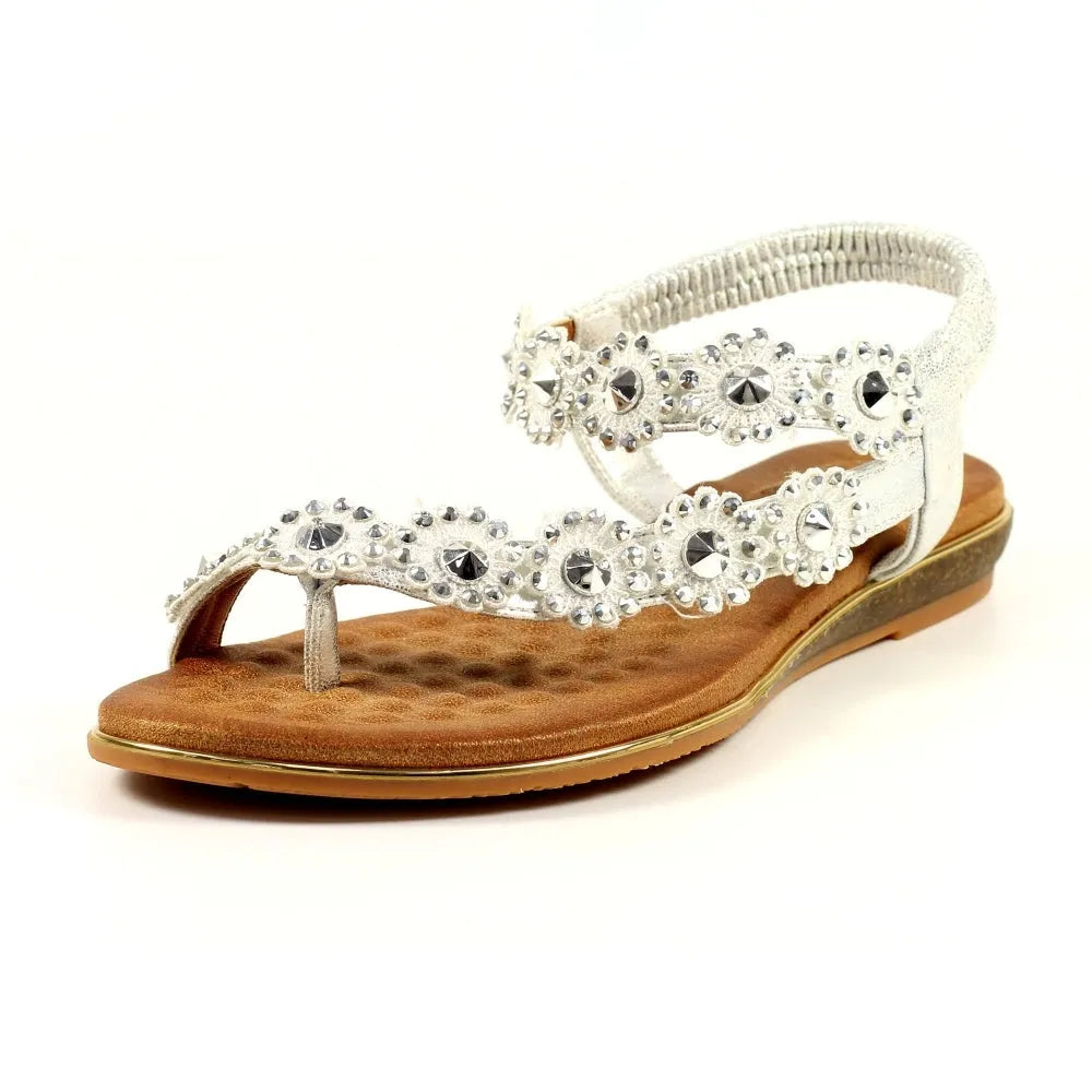 Lunar JLH455 Charlotte II women's silver elasticated sandals with decorative rhinestones and flat sole.