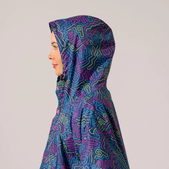 Unisex festival rain poncho with neon jazz abstract pattern, lightweight waterproof design, with hood, perfect for concerts and outdoor events.