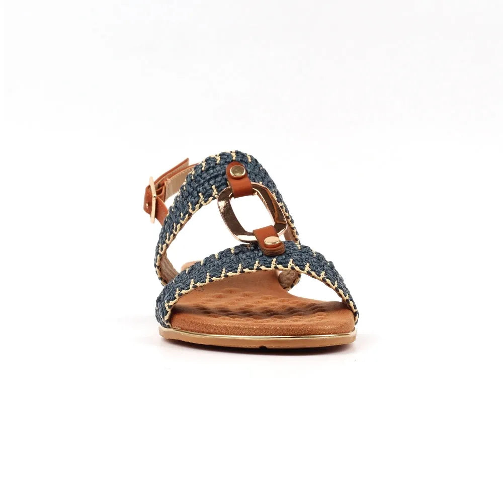 Lunar JLH587 Jules Ladies Navy Buckle Sandals, open-toe flat sandals with woven navy straps, tan buckle closure, and cushioned footbed.