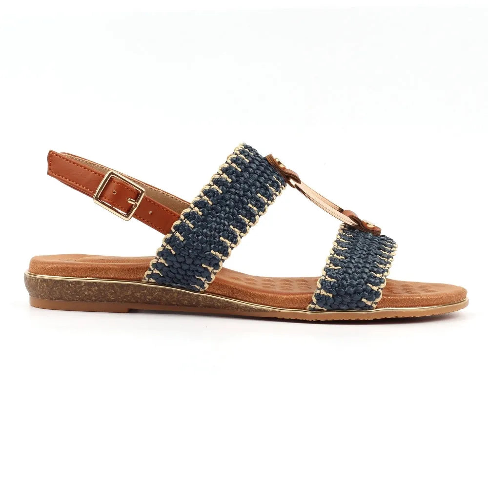 Lunar JLH587 Jules Ladies Navy Buckle Sandals with woven straps, tan ankle buckle strap, and flat sole.