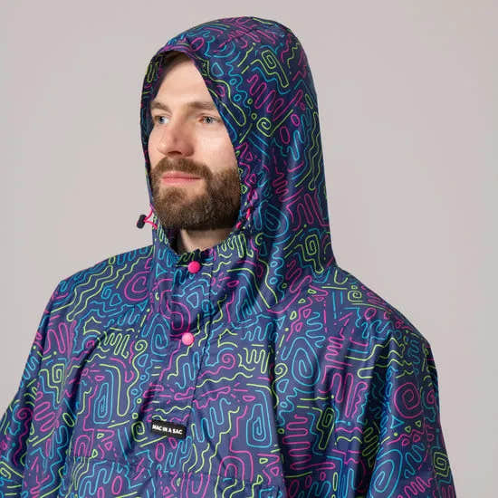 Unisex neon festival poncho with a colorful abstract pattern, hood, and adjustable drawstrings, ideal for outdoor events.