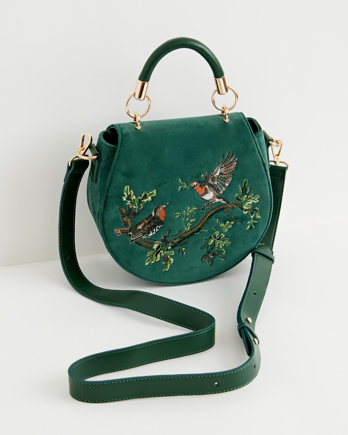 Fable Robin Love Embroidered Saddle Bag Fern Green Velvet