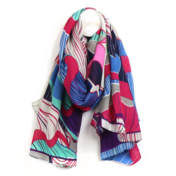 POM Bamboo Viscose Pink and Blue Mix Tropical Flower Print Scarf