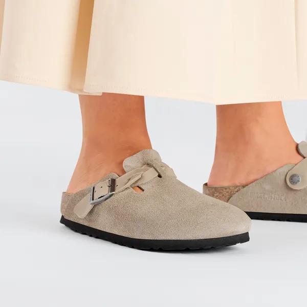 Birkenstock Boston Braided Ladies Taupe Suede Arch Support Buckle Mules