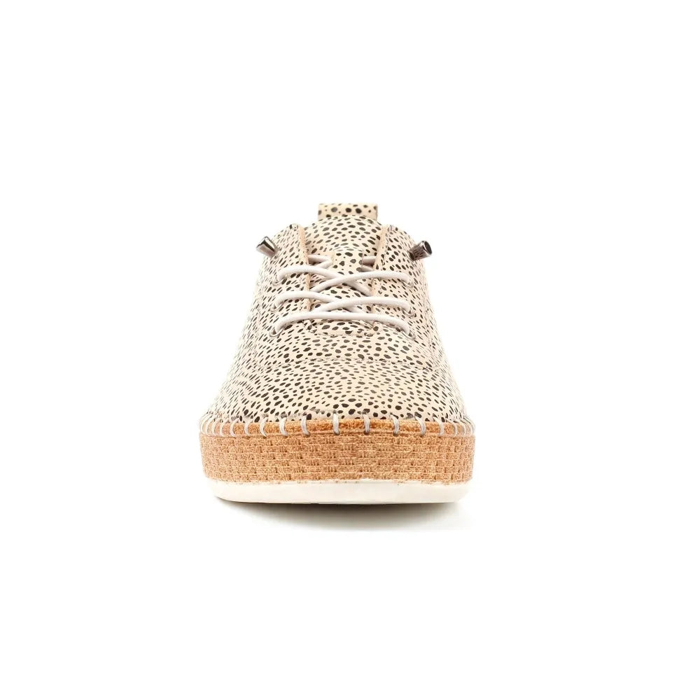 Lunar FLE056 Evette women's animal print leather elasticated shoes with a beige and black spotted pattern and cushioned tan sole.