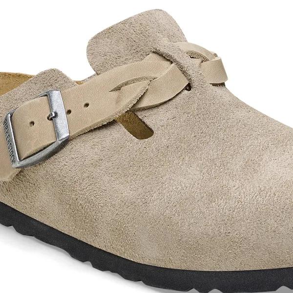 Birkenstock Boston Braided Ladies Taupe Suede Arch Support Buckle Mules