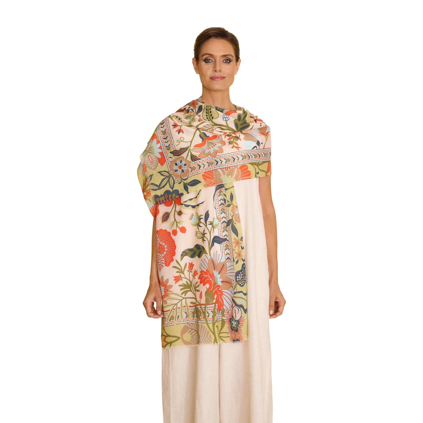 Powder Folky Floral Cotton Scarf - Coconut