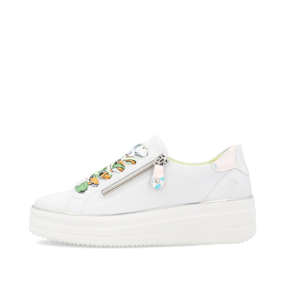 Remonte D1C06-80 Ladies Wide White Leather Side Zip Trainers