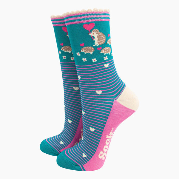 Sock Talk Ladies Teal Hedgehog and Babies Bamboo Socks