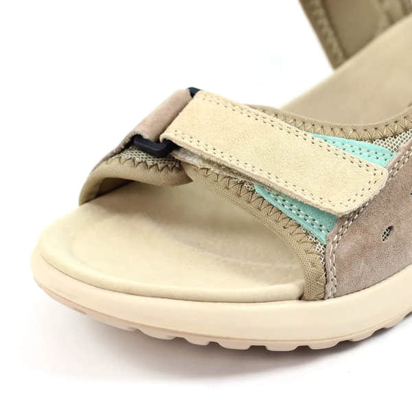 Lunar JLR001 Lazy Dogz Alston Ladies Multi Leather Touch Fastening Sandals with beige and light blue straps and cushioned sole.