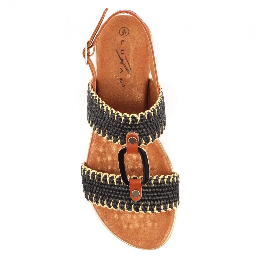 Lunar JLH587 Jules Ladies Black Buckle Sandals with woven straps and metallic hardware, comfortable flat sole, stylish summer footwear.
