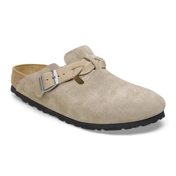 Birkenstock Boston Braided Ladies Taupe Suede Arch Support Buckle Mules