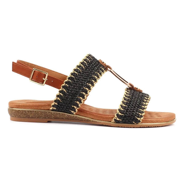 Lunar JLH587 Jules Ladies Black Buckle Sandals with woven straps, ankle buckle closure, flat sole, and tan footbed.