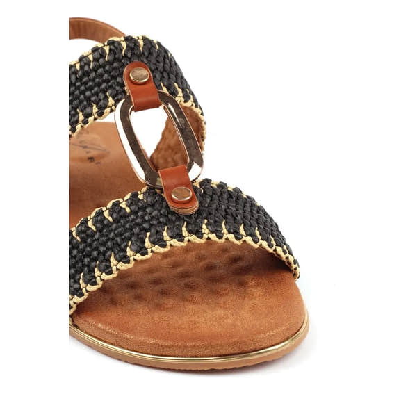 Lunar JLH587 Jules Ladies Black Buckle Sandals with woven strap and brown footbed.