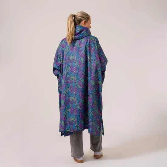 Unisex festival poncho with neon jazz pattern, colorful abstract design, hooded, oversized fit, perfect for rain and rainwear.