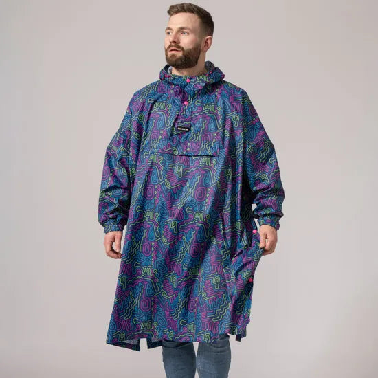 Unisex festival rain poncho with neon jazz abstract pattern, adjustable hood, and oversized fit for festival-ready rain protection.