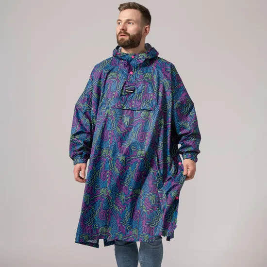 Unisex festival rain poncho with neon jazz abstract pattern, adjustable hood, and oversized fit for festival-ready rain protection.