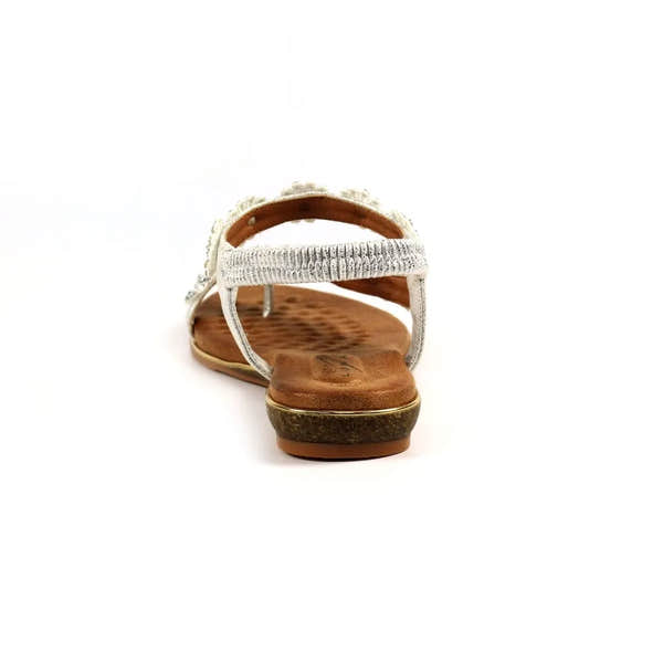 Lunar JLH455 Charlotte II ladies silver elasticated sandal with cushioned brown footbed and low heel, stylish women's summer footwear.