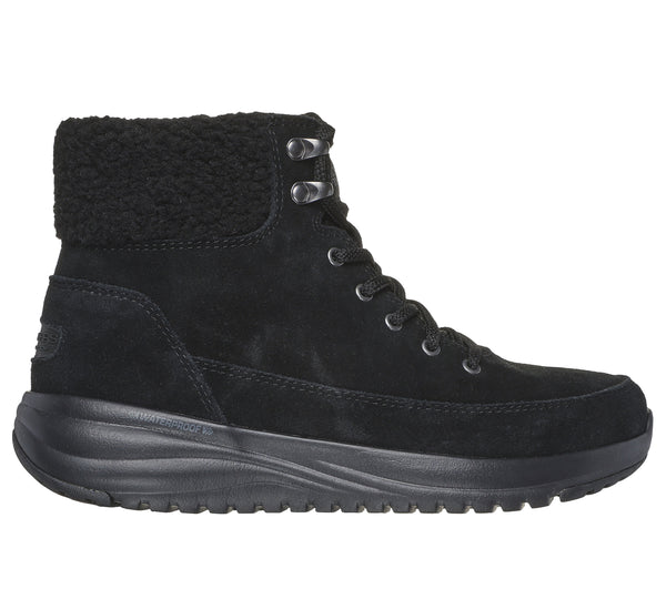 Skechers 144770 On The Go Stellar Winterize Ladies Black Leather & Textile Waterproof Lace Up Ankle Boots
