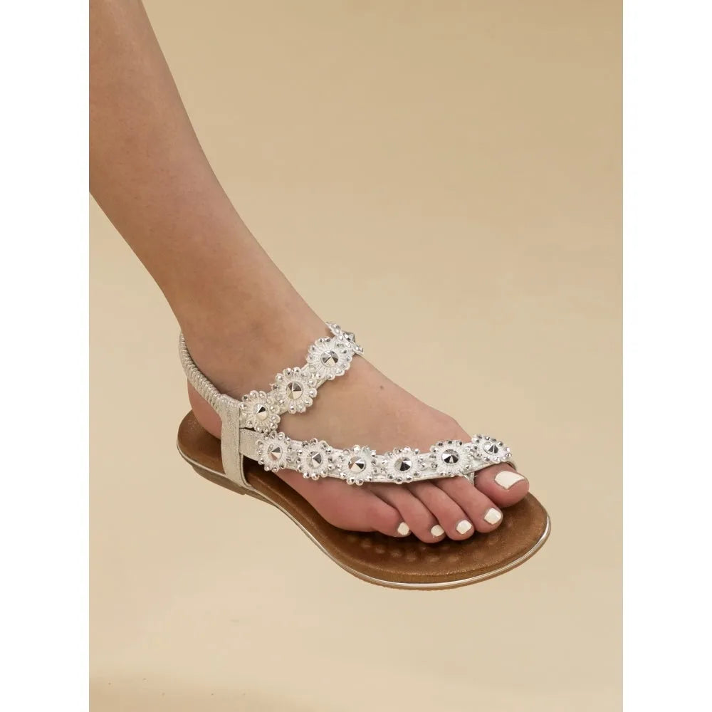 Lunar JLH455 Charlotte II Ladies Silver Elasticated Sandals with decorative floral embellishments and open toe design.