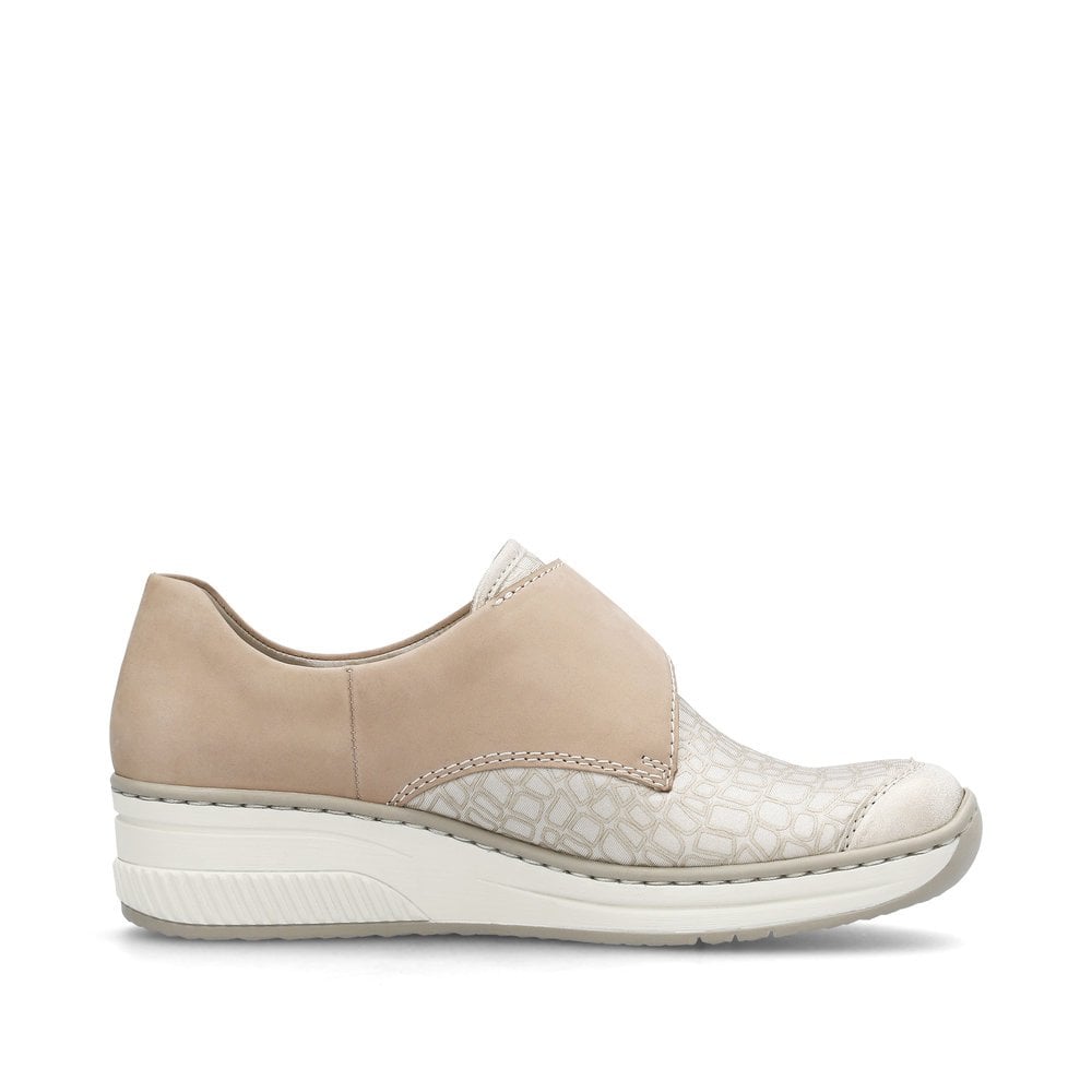 Rieker 487C0-60 Ladies Narrow Beige Leather & Textile Touch Fastening Shoes