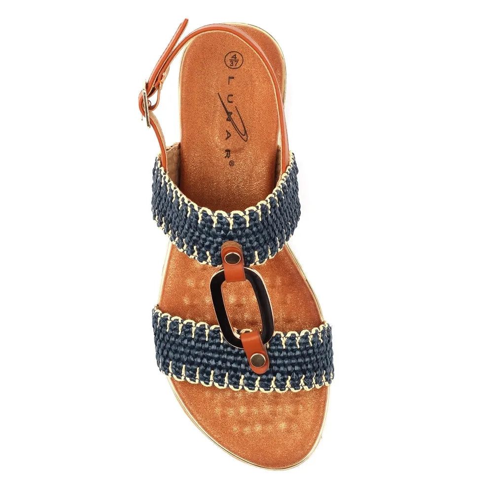 Lunar JLH587 Jules Ladies Navy Buckle Sandals with woven straps and metal buckle, open-toe design, for women.