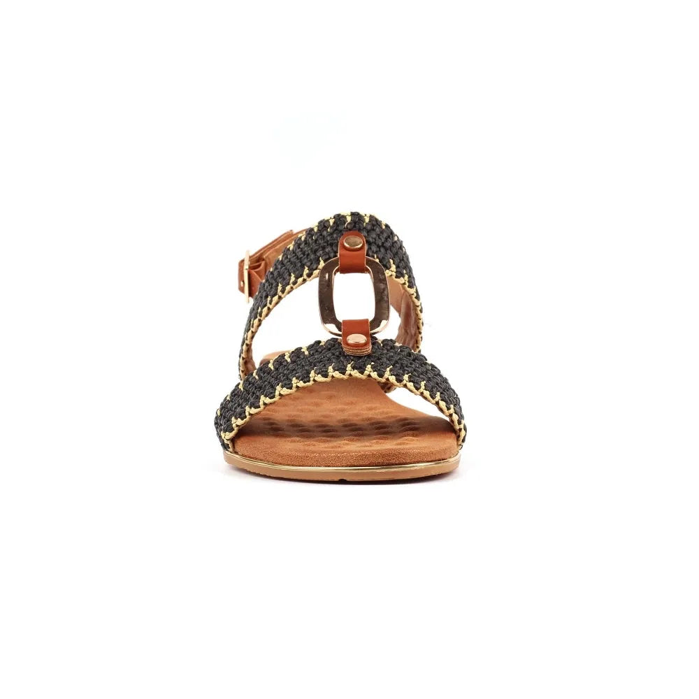Lunar JLH587 Jules Ladies Black Buckle Sandals with braided straps and metallic buckle, open-toe design, flat sole.